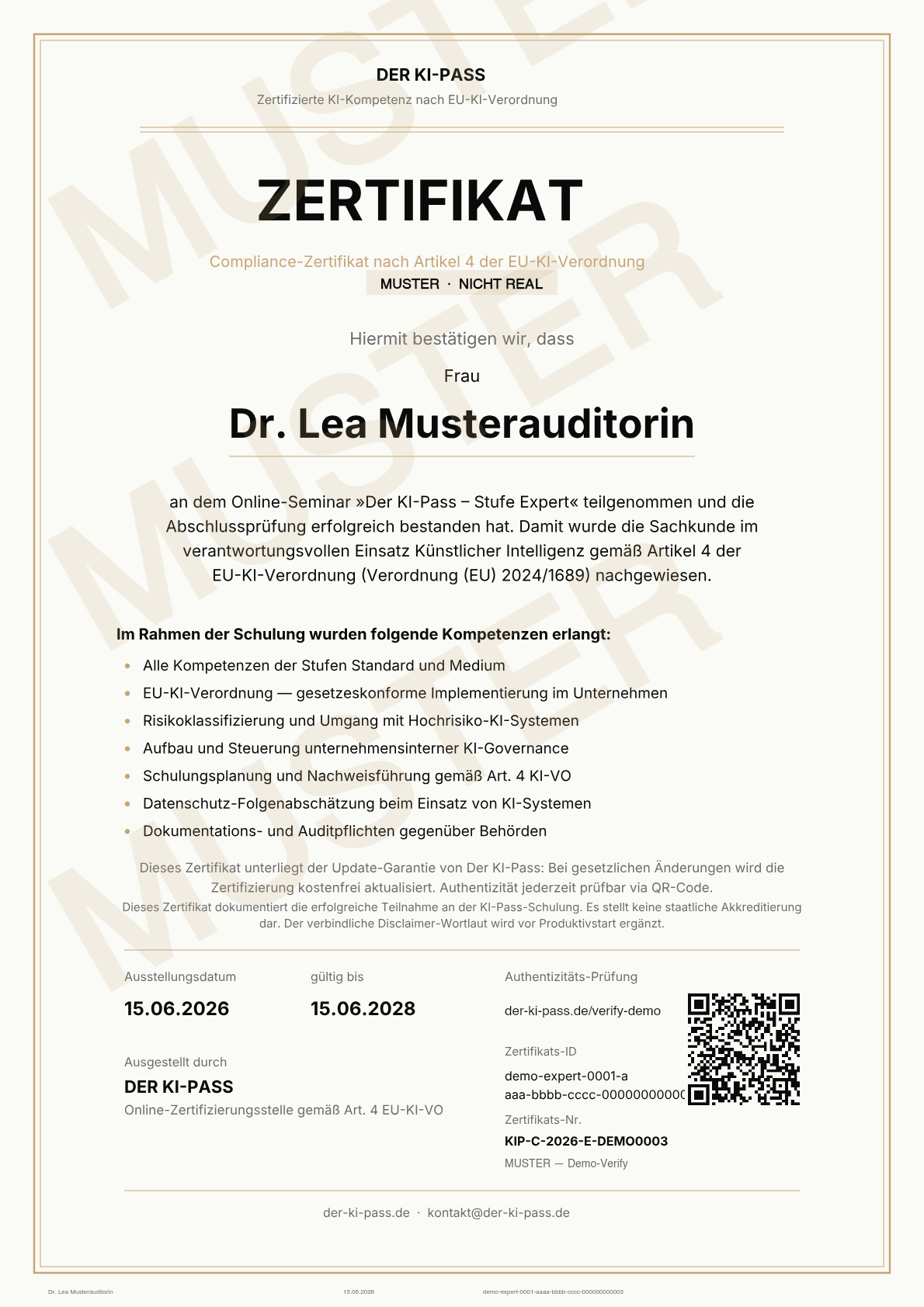 Demo-Zertifikat Stufe Expert (MUSTER)